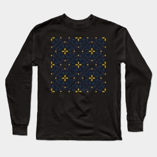 Blue Portuguese tile pattern on black Long Sleeve T-Shirt